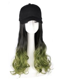 Black Baseball Cap with Green Long Wavy Wig Mixed Color Synthetic Hair Extension Hat Wig Cap